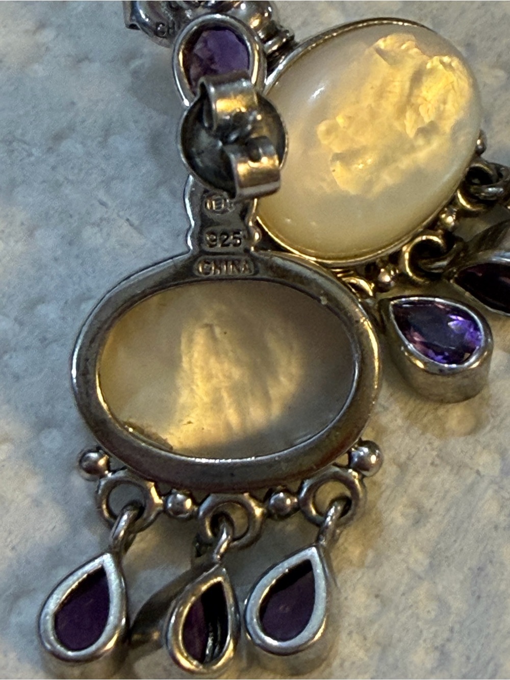 Sterling Silver White Moonstone and Purple Amethyst Drop Earrings - Picture 3 of 3